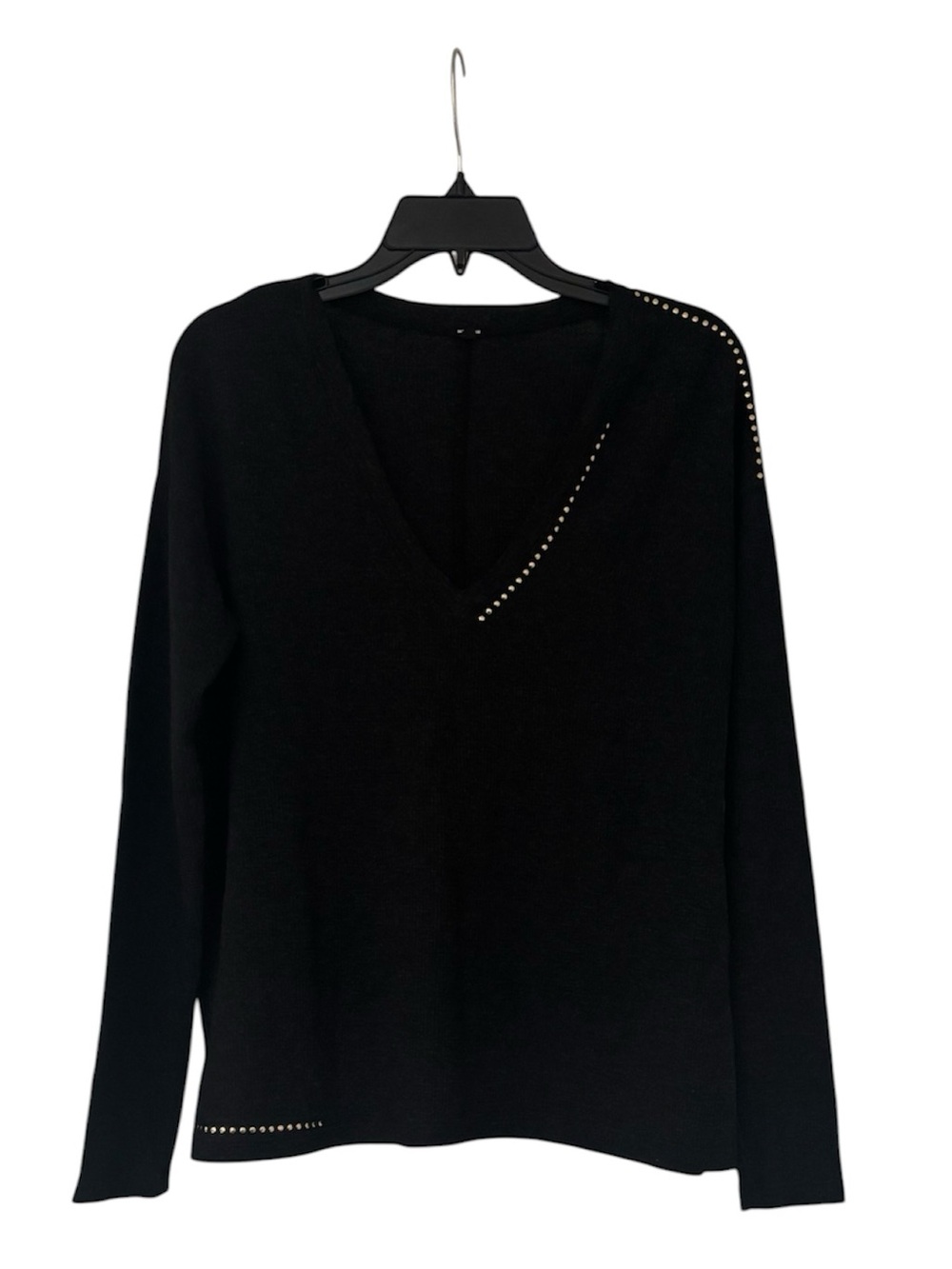 MONROW Black Ribbed V Neck Sweater with Gold Stud Detailing
